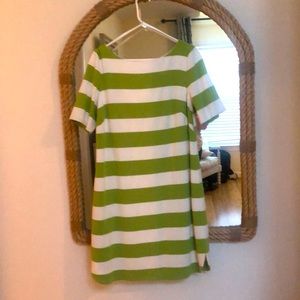 Green And white striped shift dress.